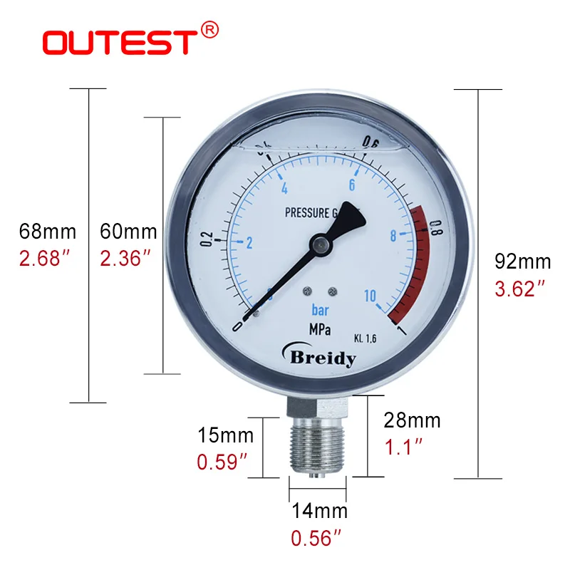 OUTEST Hydraulic Water Pressure Gauge 0-60mpa Radial G 1/4 G1/2 Oil Air 304 Stainless Steel Anti-vibration Manometer