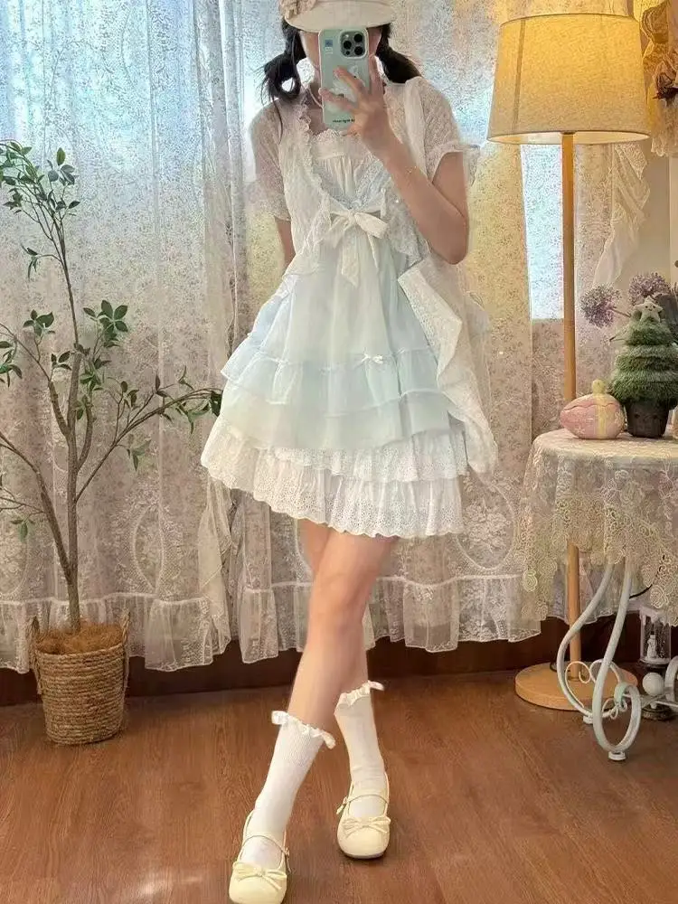 

Элегантное милое винтажное японское платье Kawaii для женщин, летняя пляжная вечеринка, стиль Y2K, повседневная легкая одежда с цветочным принтом, 2025 г.