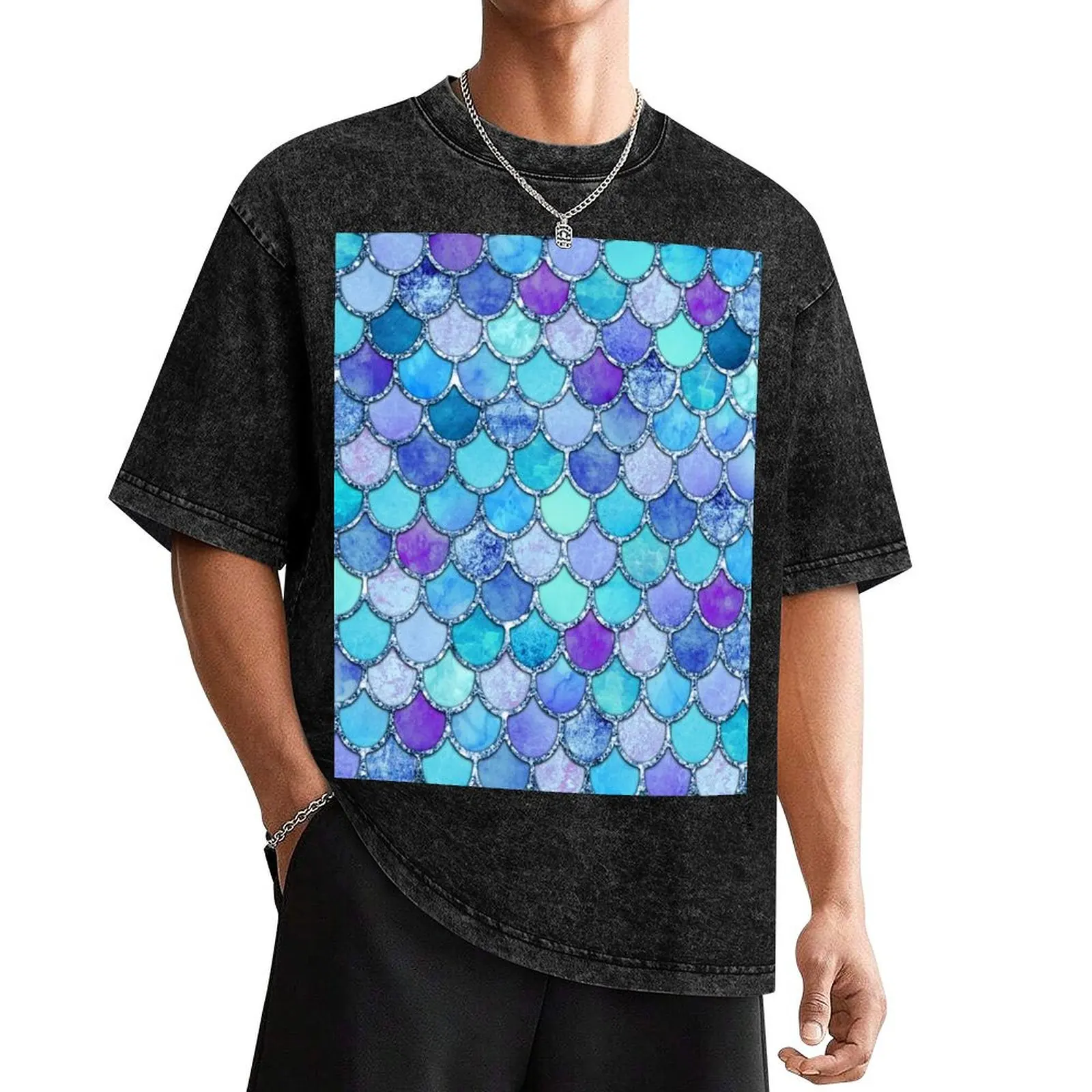 Colorful Blues Mermaid Scales T-Shirt funny shirt cotton luxury designer black t-shirts for men