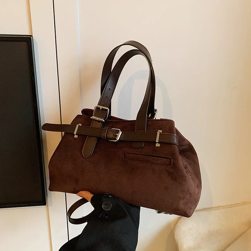 

High Quality Faux Suede Handbag Solid High Capacity Casual Tote Buckle Belt Decoration Shoulder Bag 2024 Hot Sale Bags for Women