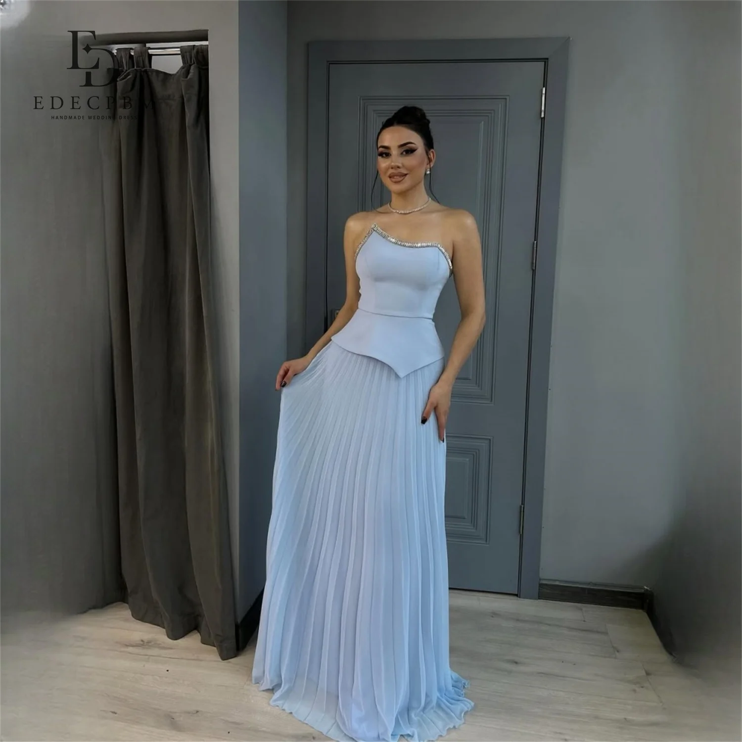 

EDECPBM Chiffon One-Shoulder Sky Blue A-Line Evening Dress 2026 Prom Dress Sleeveless Beading Formal Evening Gown Customized