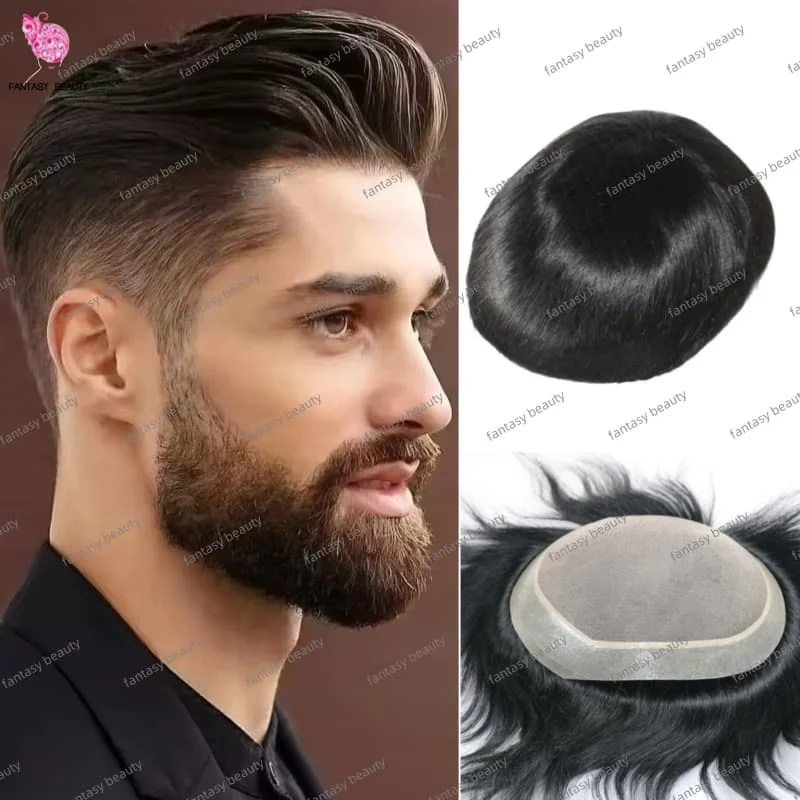 

Дышащий мужской парик, прочный тонкий моно с искусственной кожей вокруг 100% настоящего человеческого мужского парика, волосы с двойными узлами # 1 # 1б черный мужской парик