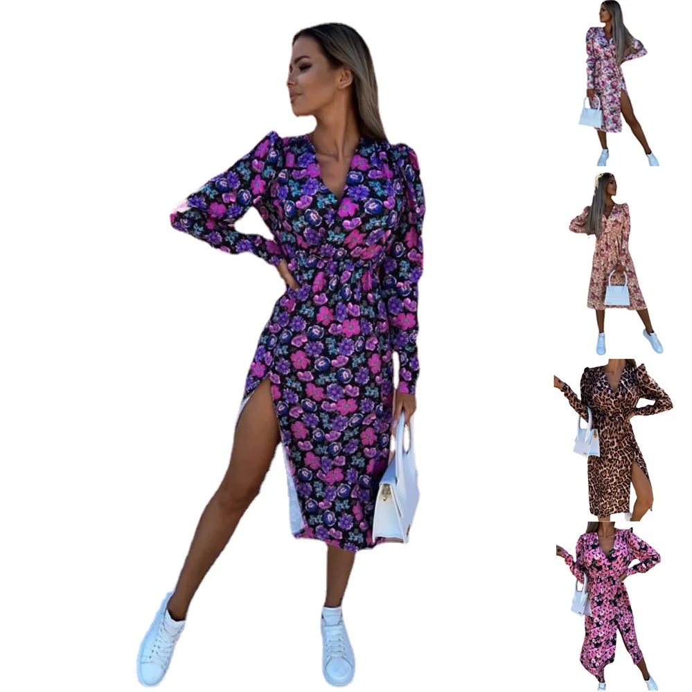 Dress Women Summer New 2022 Europe Dresses v-neck Floral Printing Split Long Sleeve Female Dresses Casual Vestidos OLNAL8767