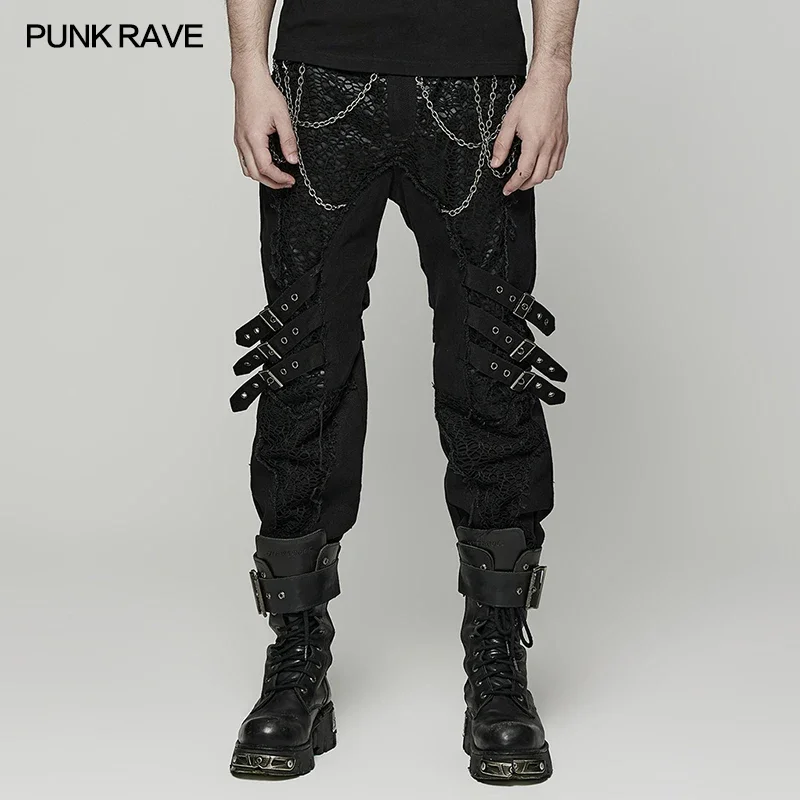 PUNK RAVE Men\'s Punk Visual Segmentation Design Splicing Pants  Detachable Adjustable Loops Men Trousers