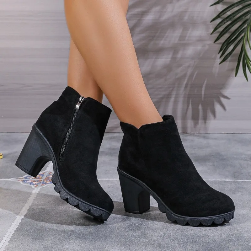 Ankle boots femininos de dedo do pé redondo, sapatos com zíper lateral, monocromático, tamanho positivo, escritório e carreira, alta qualidade, novo, moda, 2024