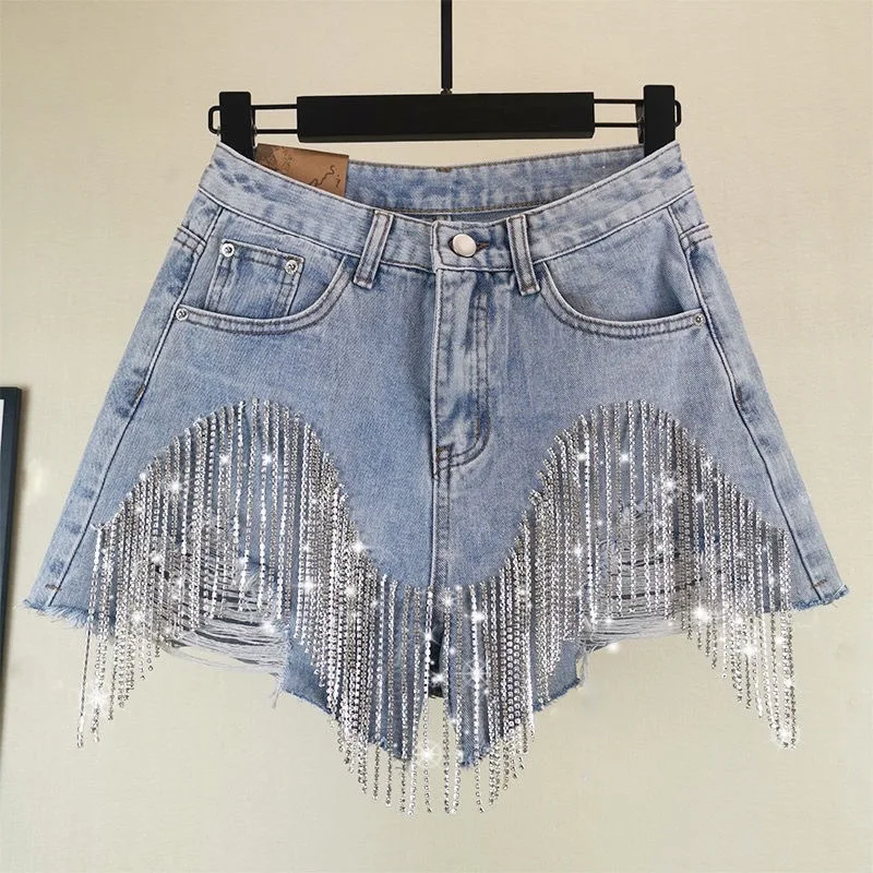 Sparkly Rhinestone Fringe Sexy Hole Tassel High Waist Denim Shorts for Women 2026 Summer Fashion Pockets Ripped Blue Jean Shorts