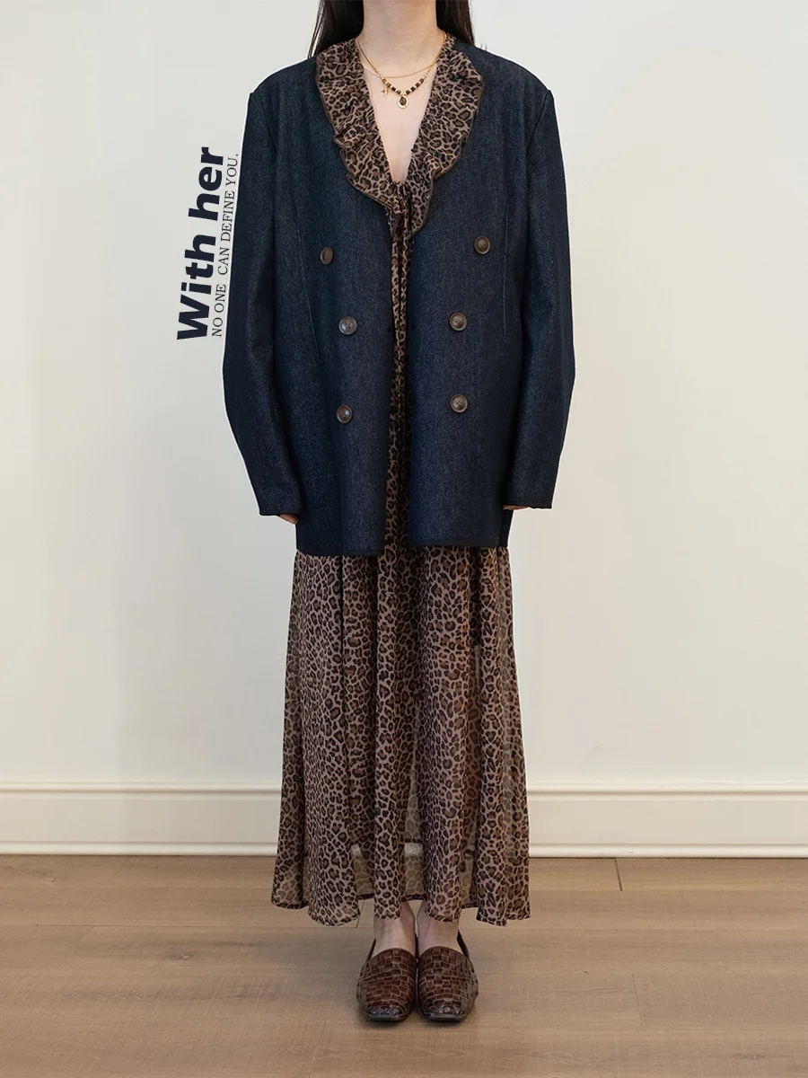 Original Design Double-Sided Wear Thin Denim Jacket Leopard Print Single Layer Women's Suit Jacket Double Buttoned Cotton Blend