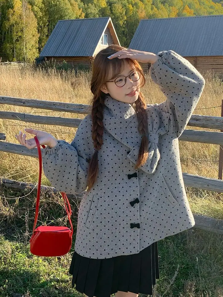

Japan Preppy Style Sweet And Cute Bow Gray Polka Dot Woolen Jacket + Pleated Skirt Autumn And Winter Two-Piece Suit