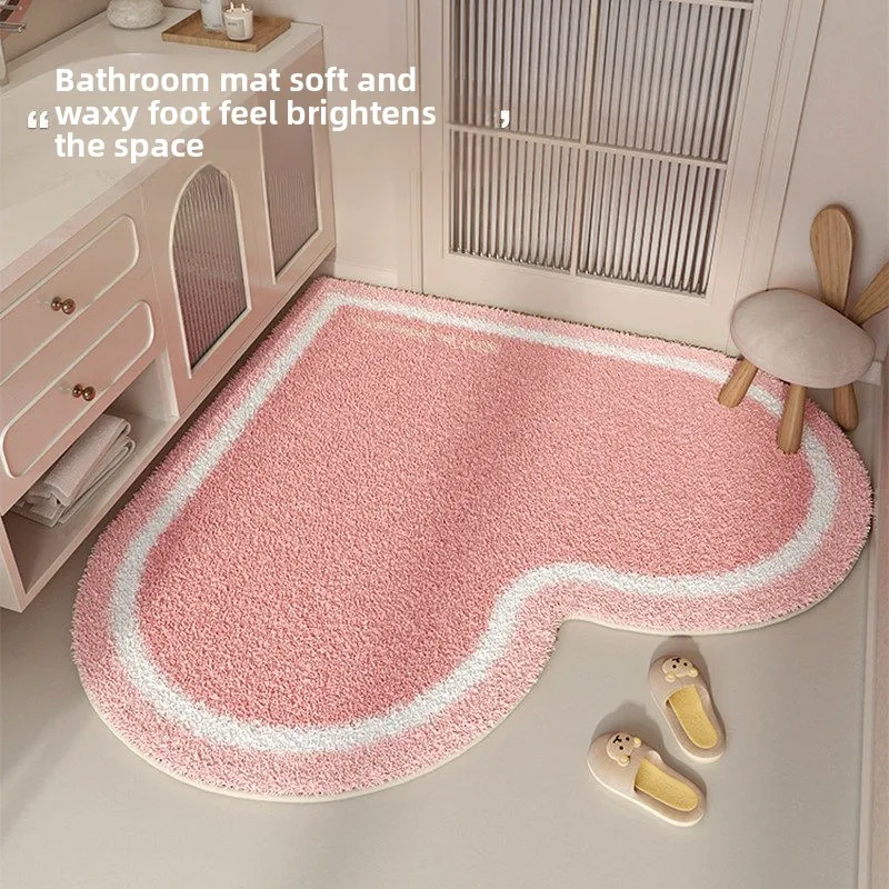 

Pink Heart Shaped Plush Absorbent Bathroom Mat Door Mat Non Slip Rug Modern Style Home Use Floor Mat Customizable No Wash Req...