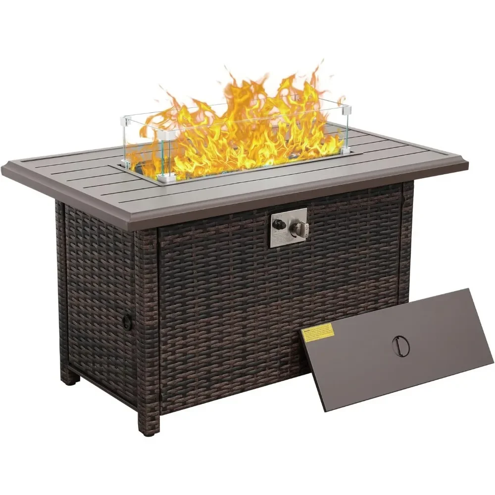 

43 Inch Fire Pit Table with Steel Grille Tabletop, Double Fires Tube Blue Crystal Beads & Cover, 60000 BTU, Wicker Gas Fire Pit