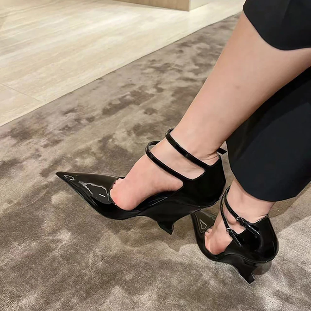 CHMURY Black Wedge High Heels 2024 Pointed Toe Sexy Fashion Mary Jane Pumps Old Money Shoes For Women Ladies