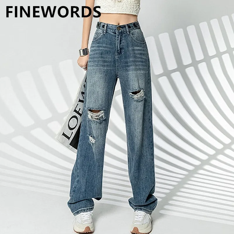 

FINEWORDS Streetwear Coolest Ripped Hole Straight Jeans Women Korean High Waist Wide Leg Jeans Baggy Casual Vintage Denim Pant