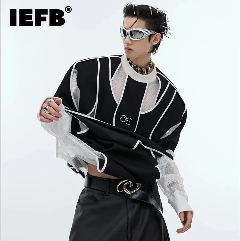 IEFB Personality Metal Patchwork Male Top New Stylish Fake Two-piece Design Shoulder Pad Long Sleeve O-Neck Sweatshirt 24E1812