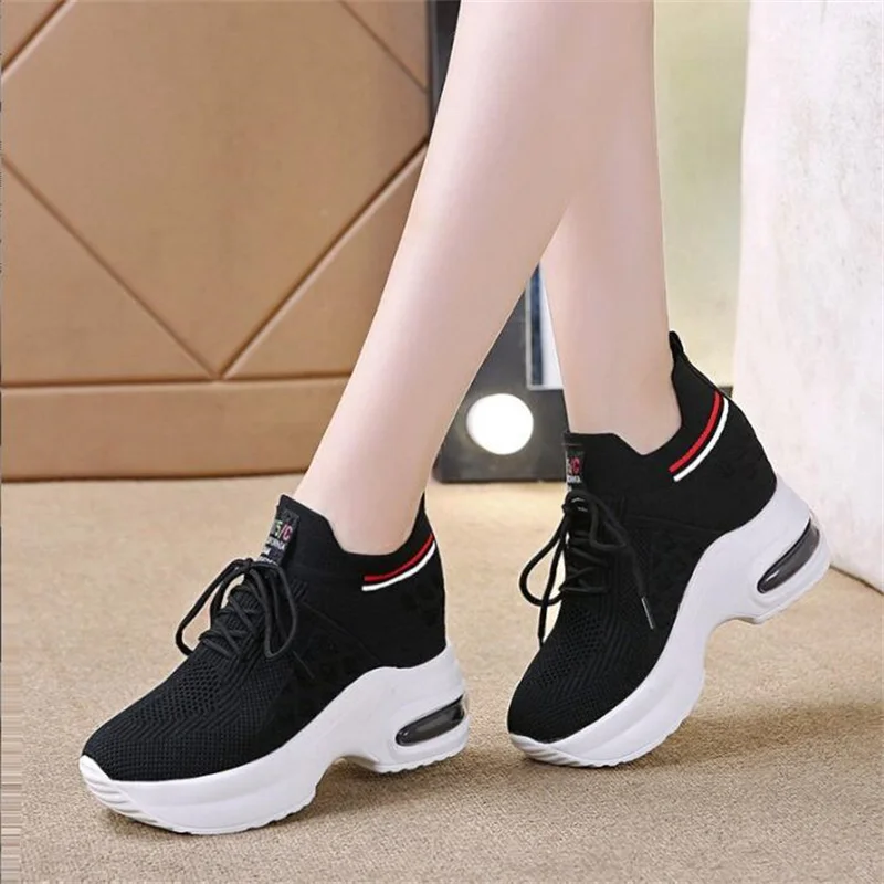 Spring Breathable Mesh Sneakers 8CM Hidden Increasing Sport Shoes Woman Wedge Casual Chunky Shoes High Platform Shoes White New