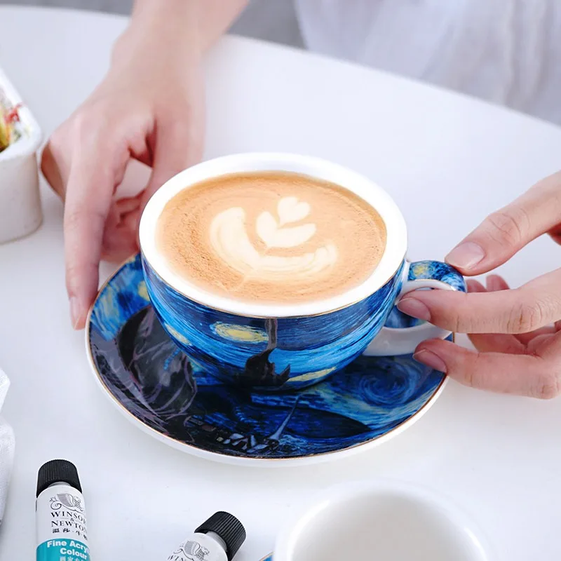 Ceramic Coffee Cup with Saucer, Van Gogh Starry Night Pattern Gold Rim Tea Mug