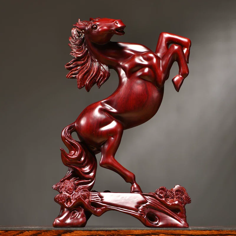 Win Instant Success Wood Carved Horse Statue, Chinese Zodiac Horse Figurine for Home Office Desk, Solid Wood Success Symbol, Hou