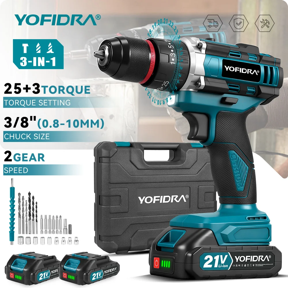 Perceuse à percussion électrique YOFIDRA 25+3, sans fil, 3 en 1, pour le travail du bois, outil électrique pour batterie Makita 21V