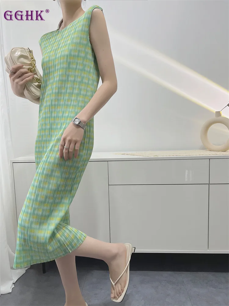 

GGHK Miyake Pleated Dress Female Digital Printing 2023 Summer New Slim Thin Pleated Skirt In The Long Section