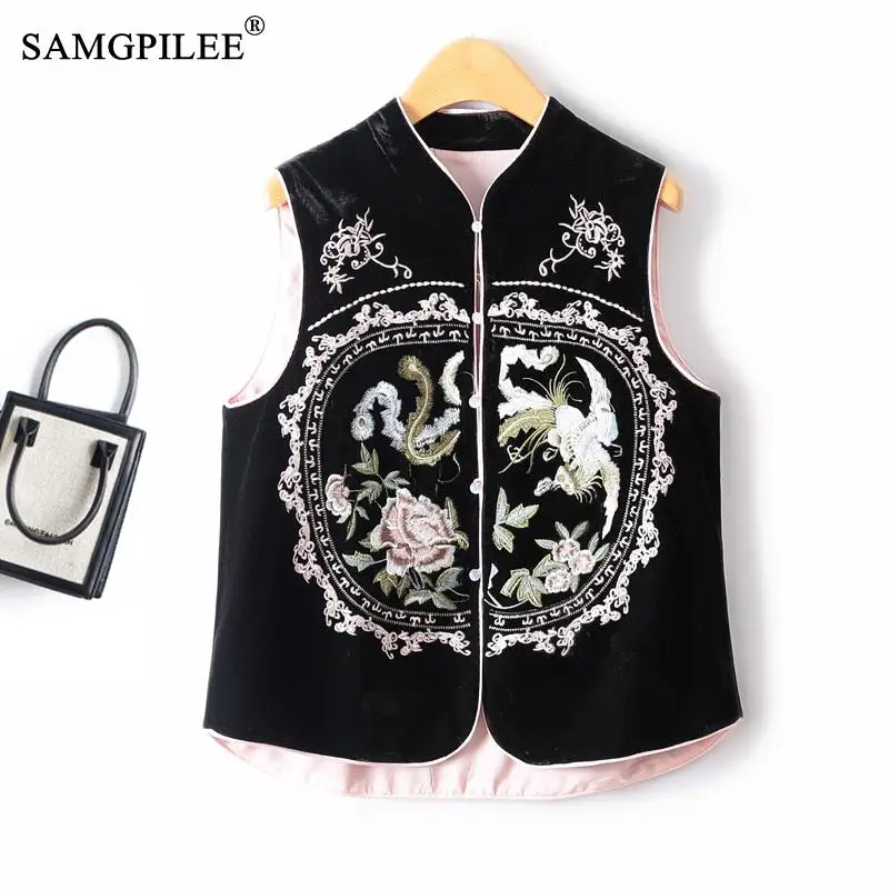 

New Chinese Style Vest For Women 2023 Embroidered Contrasting Color Stand Collar Disc Button Velvet Light Luxury Straight Jacket