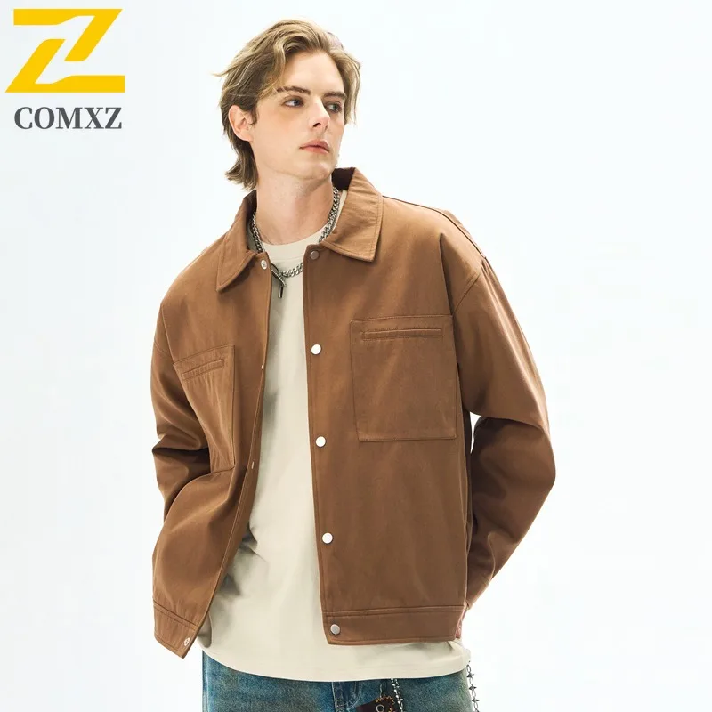 

Men Vintage College Work Jacket Washed Denim Windproof Waterproof Bomber Coat Loose Fit Spring Autumn Casual Outdoor Streetwear