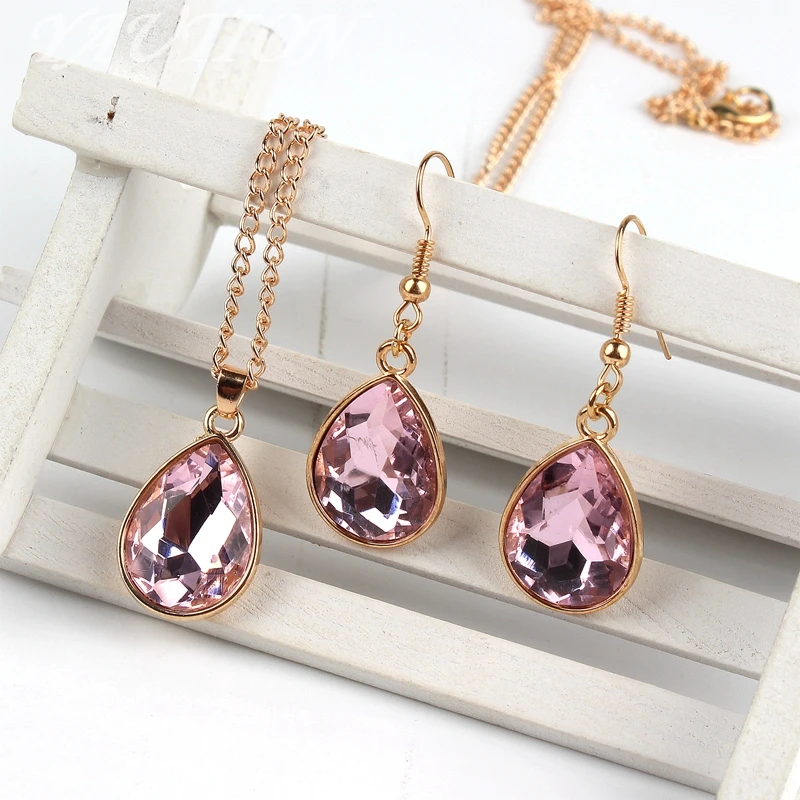 

1 set Rose Gold colour Water drop Pendant Necklace & earrings Fashion Jewelry Pink