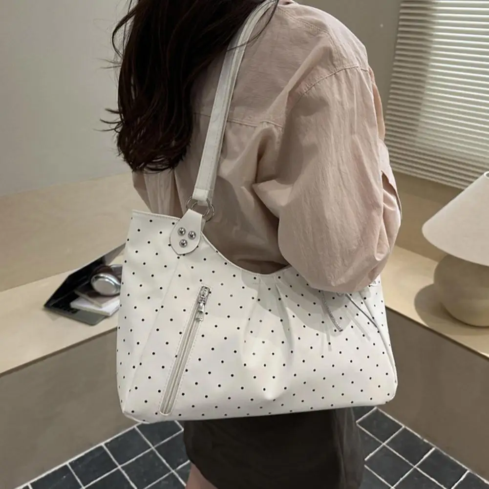 Damen-Umhängetasche, Vintage-Polka-Dot-Design, Pendler-Tragetasche, große Kapazität, PU-Leder-Handtasche, Unterarmtasche für Schule, Büro und den täglichen Gebrauch. – Detail 6