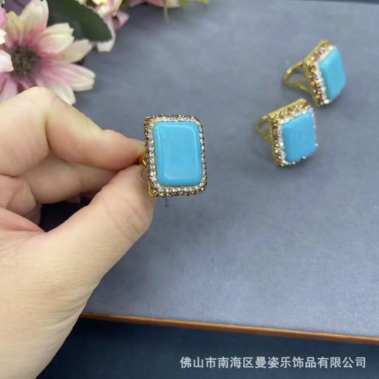 Turquoise clay inlaid with handmade point diamonds, adjustable ring, new Chinese live broadcast hot-selling niche jewelry