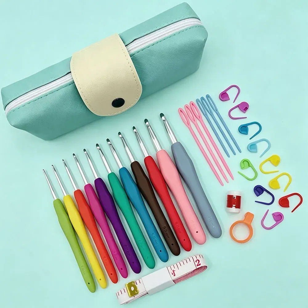 Juego de 37 Agujas de Ganchillo con Bolsa de Almacenamiento, Agujas de Ganchillo con Mango Suave, Juego de Agujas de Tejer, Herramienta de Costura y Tejido para Principiantes