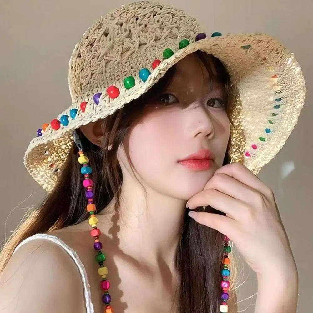 Flexible Edges Sun Hat Breathable Beach Hat Stylish Women's Wide Brim Straw Hat with Colorful Beads Decor for Summer for Comfort