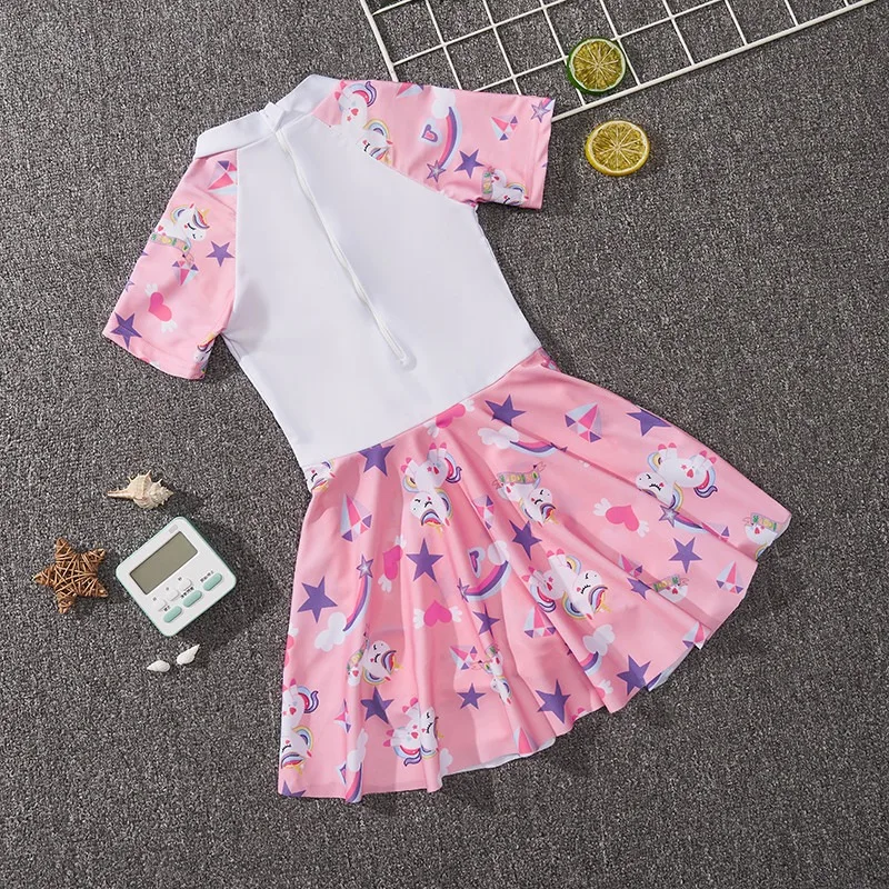 2025 New Summer Unicorn Kids Swimwear Short sleeve Girls Dress Princess Baby Small Medium Large Children Swimwear Cute 2-10Y