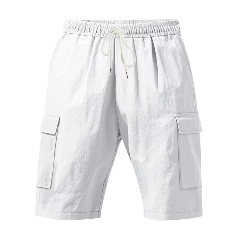 Men's Solid Color Cotton Linen Cargo Shorts Summer Pull Rope Tie White Multiple Pockets Leisure Cool Hawaiian Beach Pants