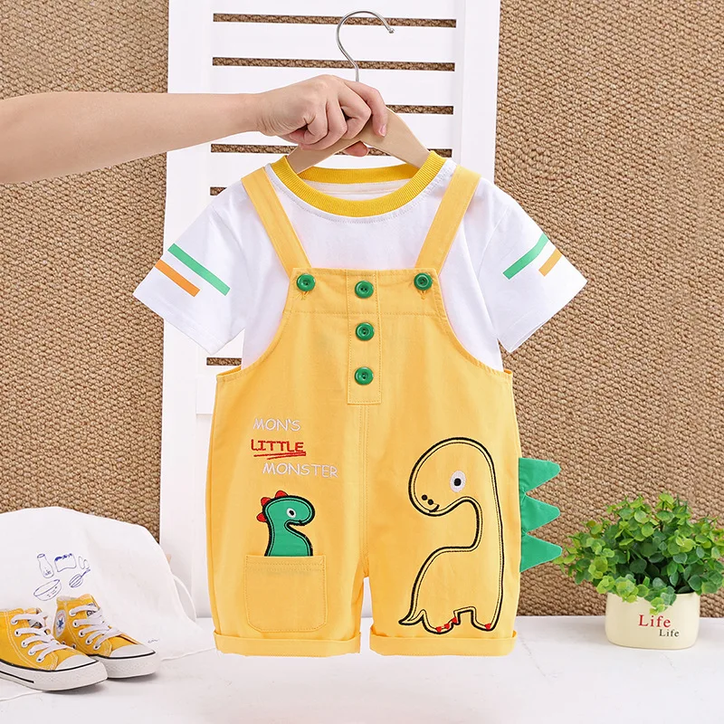 子供服-2025-夏新作-ベビー服-男の子-幼児服-0-5歳-半袖tシャツと漫画恐竜柄オーバーオールセット