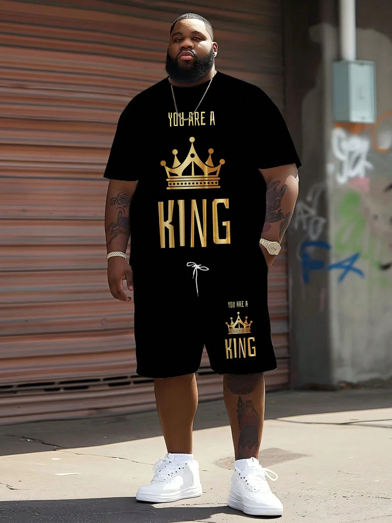 

3D Graphic You Are A King Printed Crew Neck Loose Fit Casual Short Sleeve T-Shirt Shorts Set