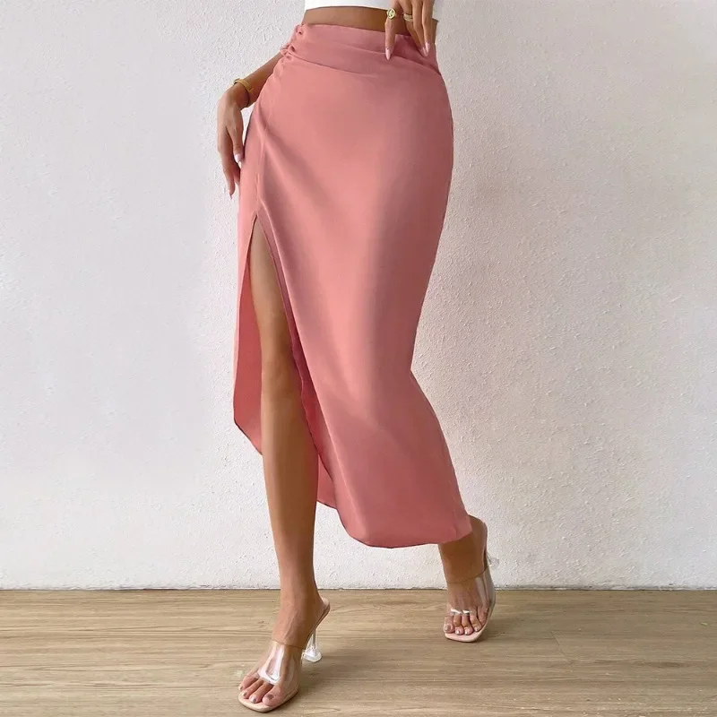 

2024 Spring/Summer New Sexy Split Irregular Temperament Commuting Fashion Pink Elegant Fold Wrapped Hip Skirts for Women YSQ30