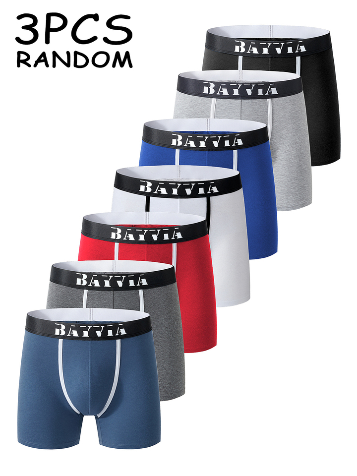  Men's BAYVIA Cotton Boxer Briefs 3-Pack Random Colors, Soft Breathable Underwear, Anti-Chafing Comfort Trunks  Mens Panties 