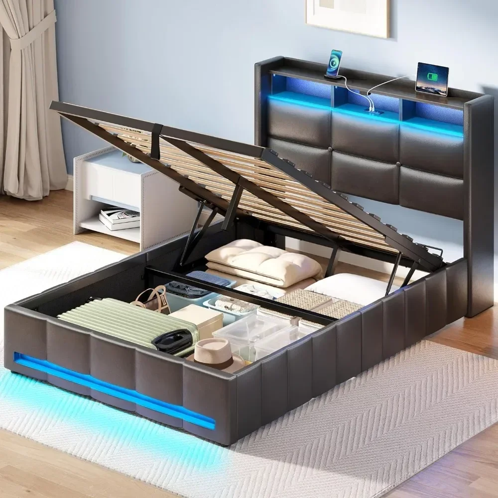 Bed Frame with Lift Up Storage, Charging Station & LED Lights, Upholstered Storage Headboard, Heavy Duty Wooden Slats