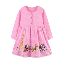 Jumping Meters 2-7T Long Sleeve Embroidery Polka Dot Princess Girls Dresses Animals Applique Children's Clothes Party Kid Frocks