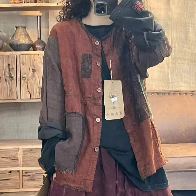 New Arrival Spring & Autumn Women Vintage Jackets Casual Loose Double-layer Cotton Linen Patchwork O-neck Outerwear & Coats T209