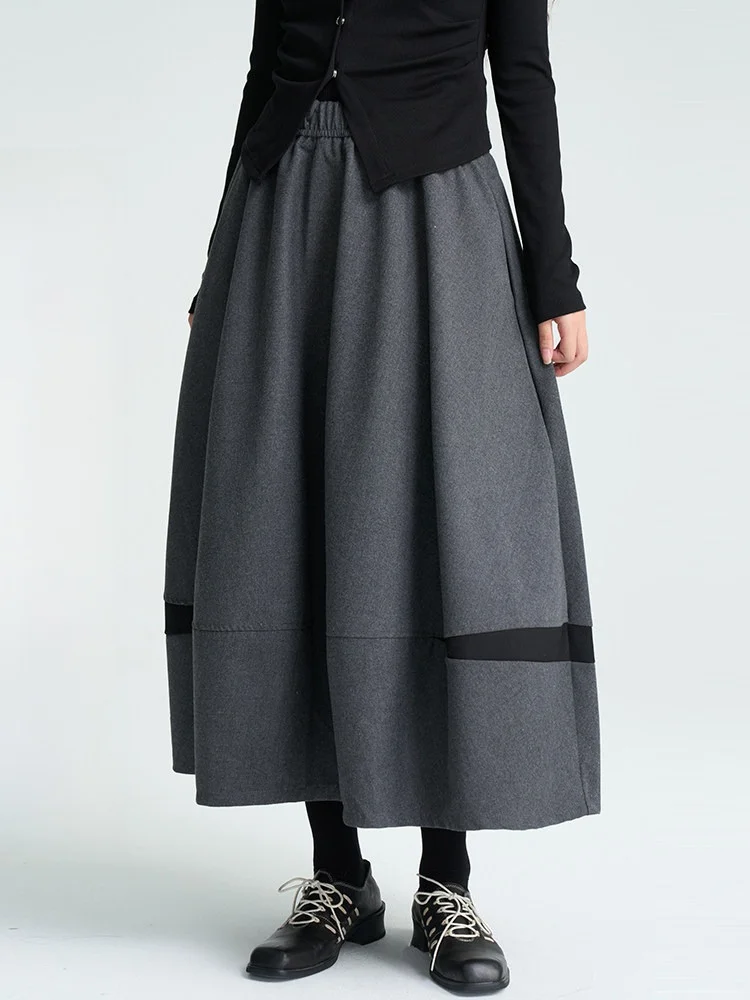 Land And Mountain Island Autumn Winter Color Block Woolen  Skirt Women's A-Line Long Skirt Black Pleated Skirt