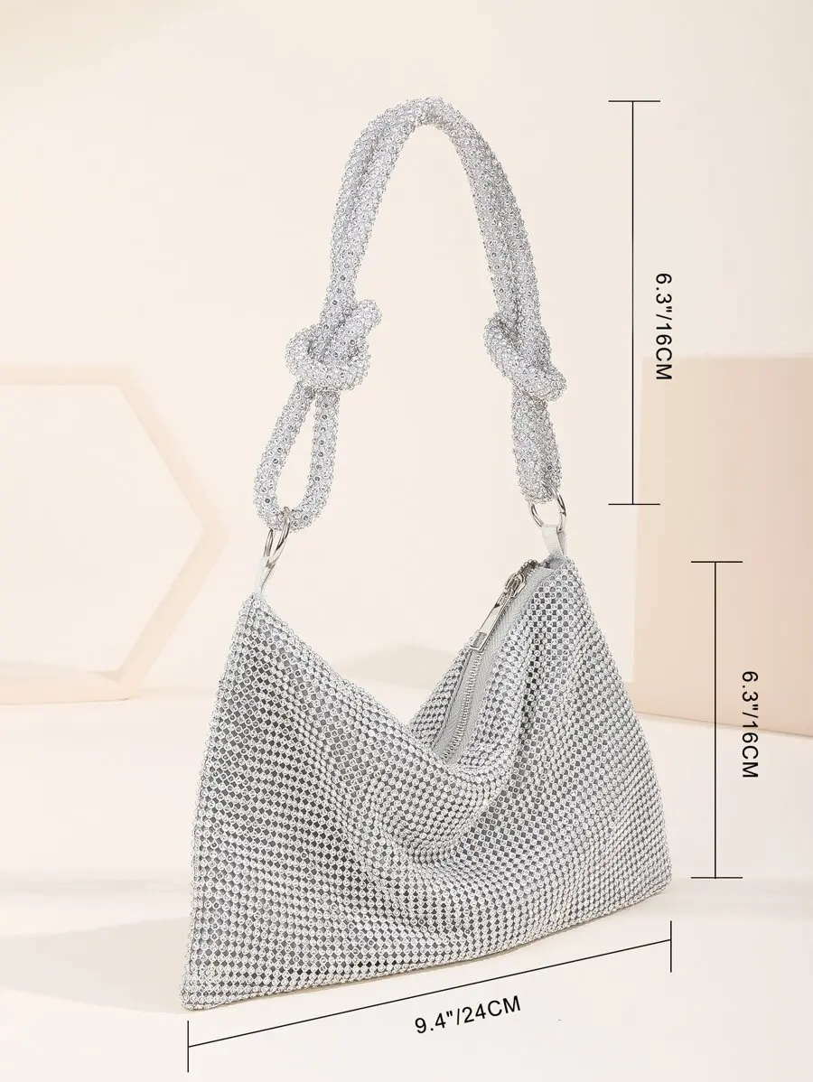 

Rhinestone Mesh Bucket Bag With Knot Handle Mini Evening Clutch For Women