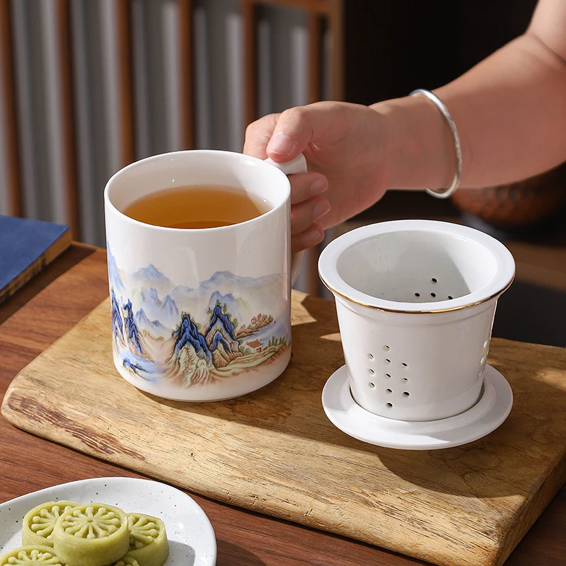 Chinese Style Pattern Tea Filtering Separation Cups, With Cover White Porcelain, Personal Mug, Drinkware Ceramic Office Cup, 1Pc