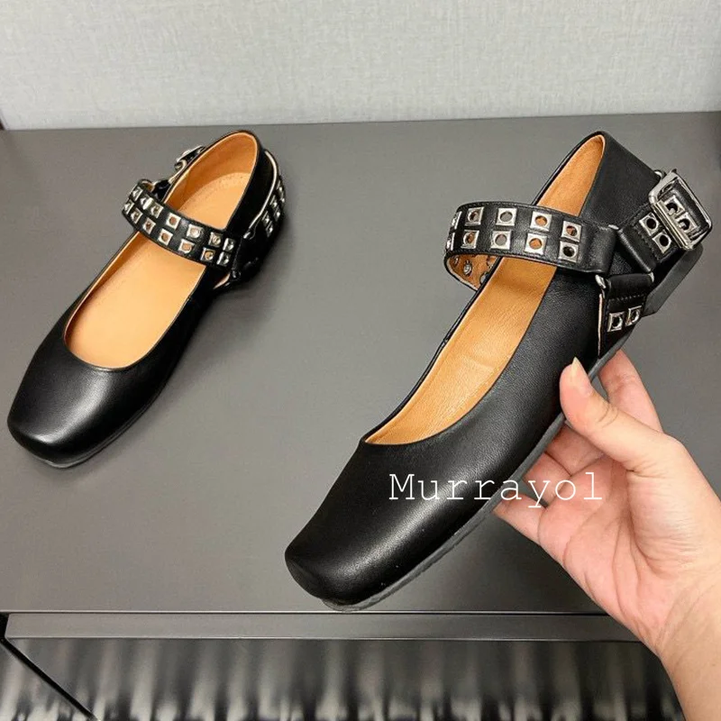 Square Toe Rivet Decor One Strap Design Single Shoes Women's Genuine Leather Flat Shoes Spring Autumn Retro Mary Jane Shoes