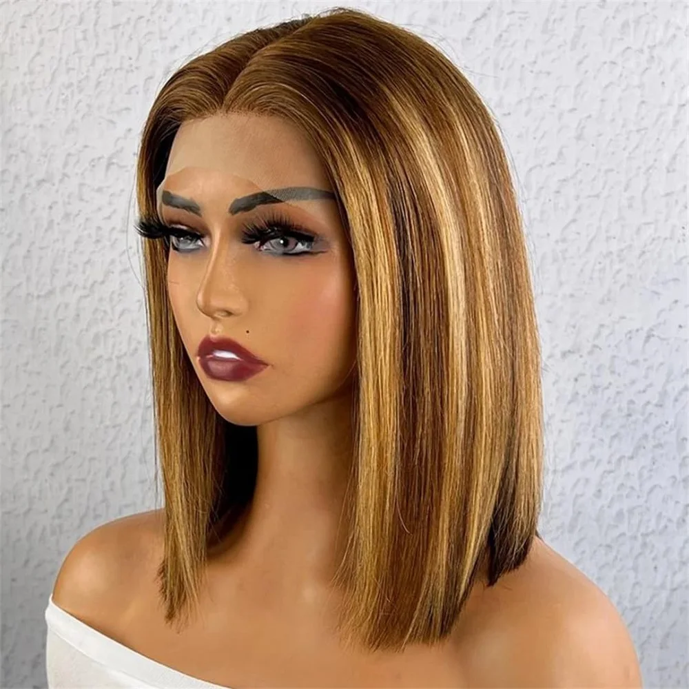 Ombre Highlight Bob Perücke Echthaar 6x4 Lace Front Perücken P4/27 Farbige Perücken 16 Zoll Bob Echthaar Perücken 180 Dichte vorgeschnittene Spitze