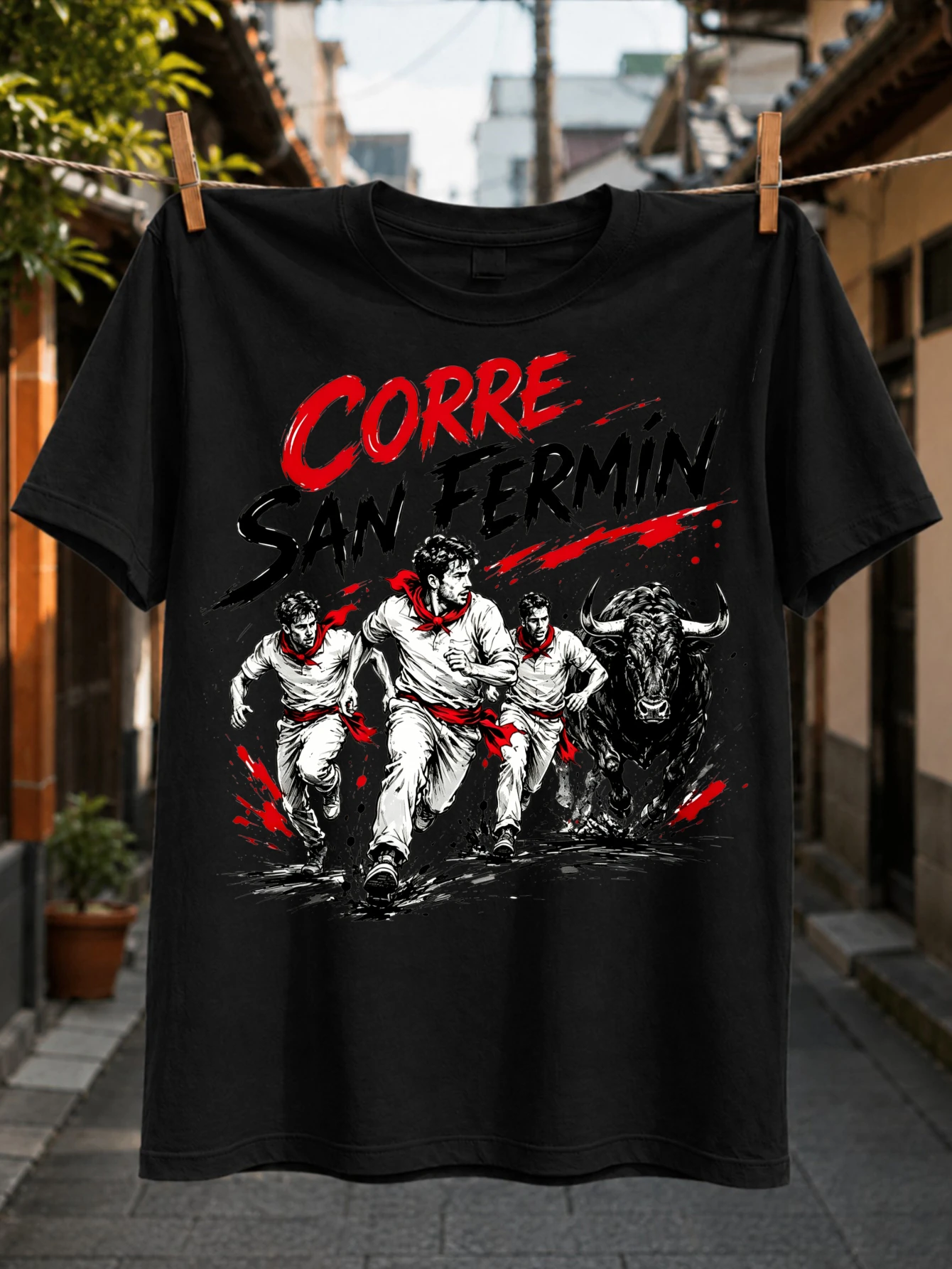 Corre San FerminThree Runners Fing a Charging Bull in Red Sketch Style Spanish Festival Graphic Tee  Unisex All T-Shirt