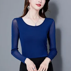 Women Long Sleeve T-Shirts 8 Colors Size S-4XL Perspective Mesh O Neck  Female Bottoming Blouses Full Sleeve O-neck T shirt Tops