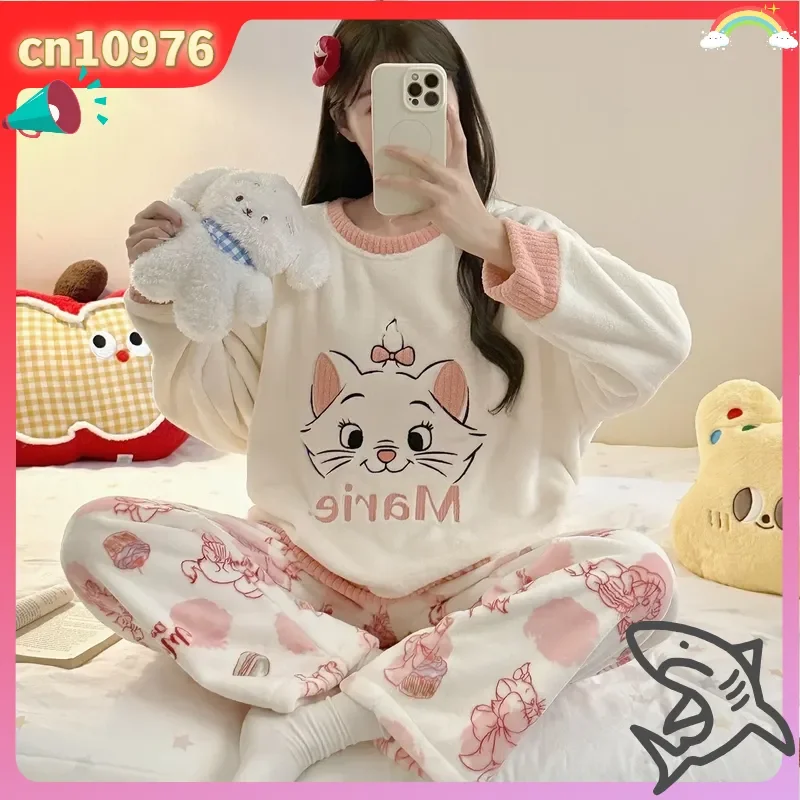 

New Marie Cat Pyjama Sets For Women Warm Plush Winter Pajamas Homewear Thick Coral Fleece Cute Soft Anime Periphery