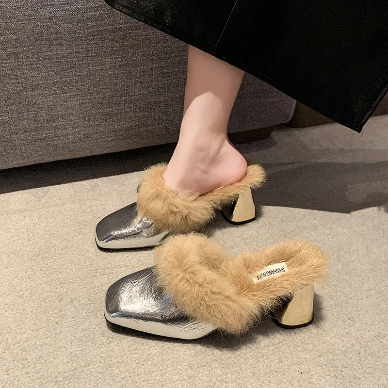 Fashionable Furry Slippers for Women One Kick Cover Toe Casual High-heeled Toe Square Heel Women's Slippers Zapatillas De Mujer