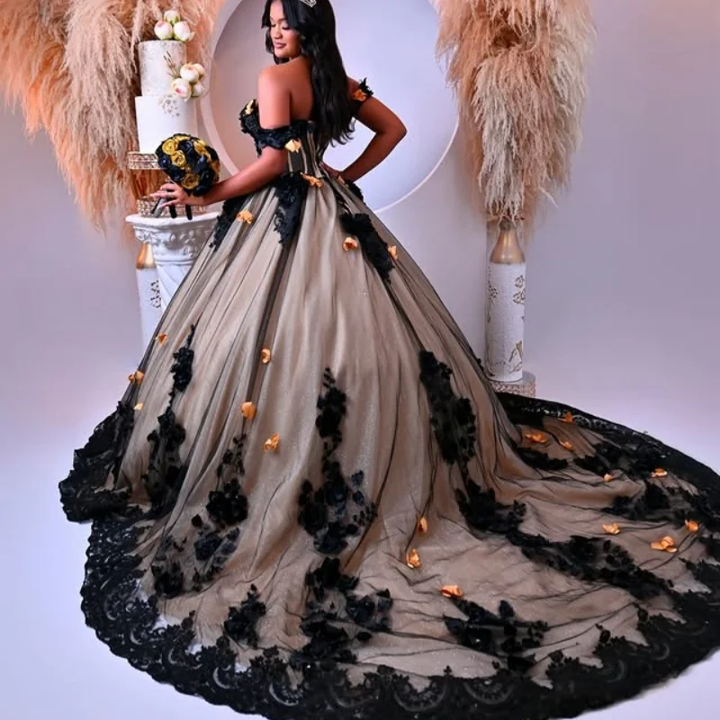 Vestidos de quinceañera negros personalizados con hombros descubiertos, Vestido de cola larga de tul con flores 3D de cristal, 15 quinceañera
