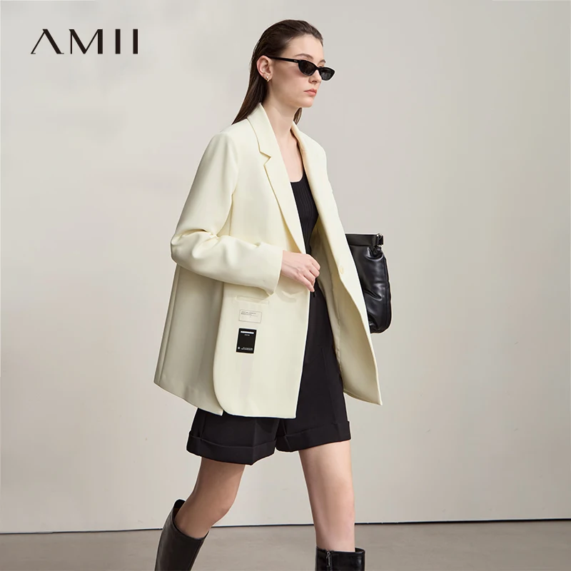 AMII Blazers For Woman 2025 Autumn New Loose Beige Solid Elegant Blazer Ladies Long Sleeves Medium Long Women's Jacket 12553007