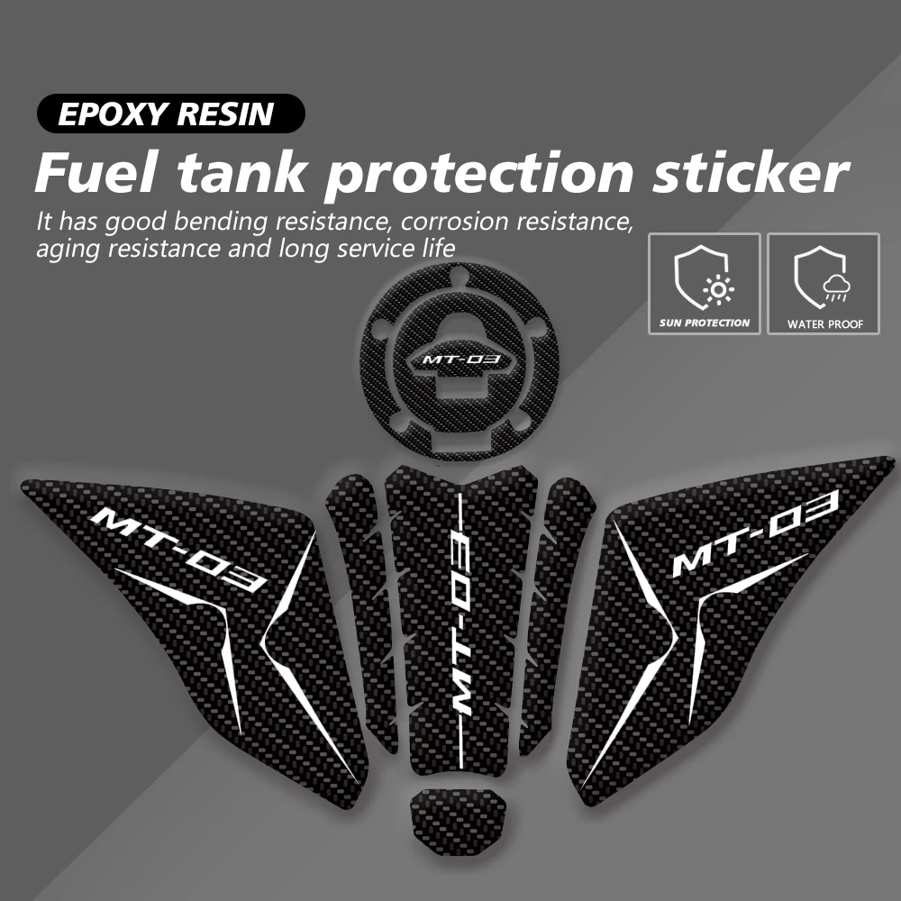 Motocicleta Tanque Pad Protector, 3D Resina Epóxi, Transparente Peixe Osso, Tampa de Combustível Adesivo, Fit para Yamaha MT 03 MT03 MT25 2015-2018